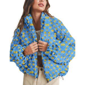 Women Blue Cropped Sherpa Fleece Plaid Jacket Chunky Outerwear